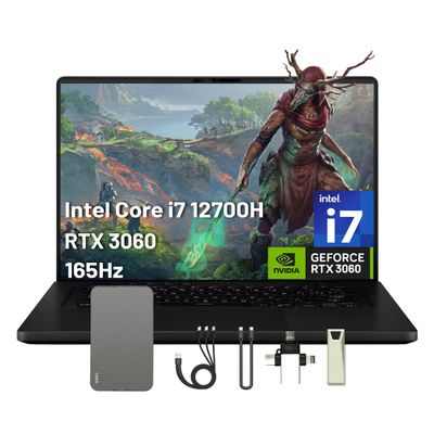 ASUS ROG Zephyrus 16" WUXGA 165Hz Gaming Laptop, 16GB DDR5, 512GB PCIe SSD, Intel i7-12700H, GeForce RTX 3060 6GB GDDR6, Win 11 Pro, RGB Backlit Keyboard, Wi-Fi 6, Black, 128GB Docking Station Set