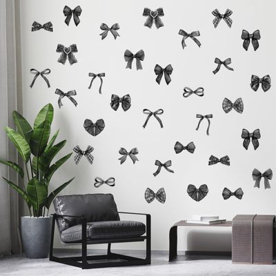 A1diee Black White Bow Wall Stickers - 60Pcs Watercolor Coquette Aesthetic Wall Stickers Black Bow Knot Gothic Wall Art Decor Vinyl Peel and Stick Room Decor for Kindergarten Nursery Bedroom, 8 Sheets