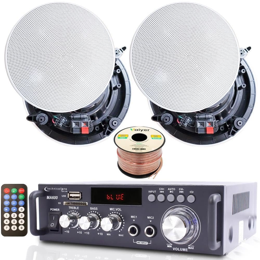 Technical Pro Home Theater System Kit  2 Channel, 600 Watts Bluetooth Amplifier w/ 2 Qty of 6.5" Frameless Ceiling Speakers 200W Each, 50 ft Speaker Wire & Remote Perfect for Home, Restaurant Use