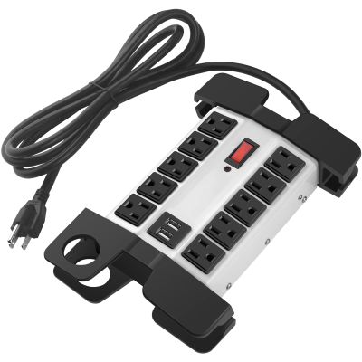 CCCEI Heavy Duty Power Strip with USB Ports, Garage 10 Outlets Surge Protector 2700 Joules, Industrial Workshop Metal 15Amp Multiple Outlets, 25 FT Extension Cord and Wide Spaced Grey