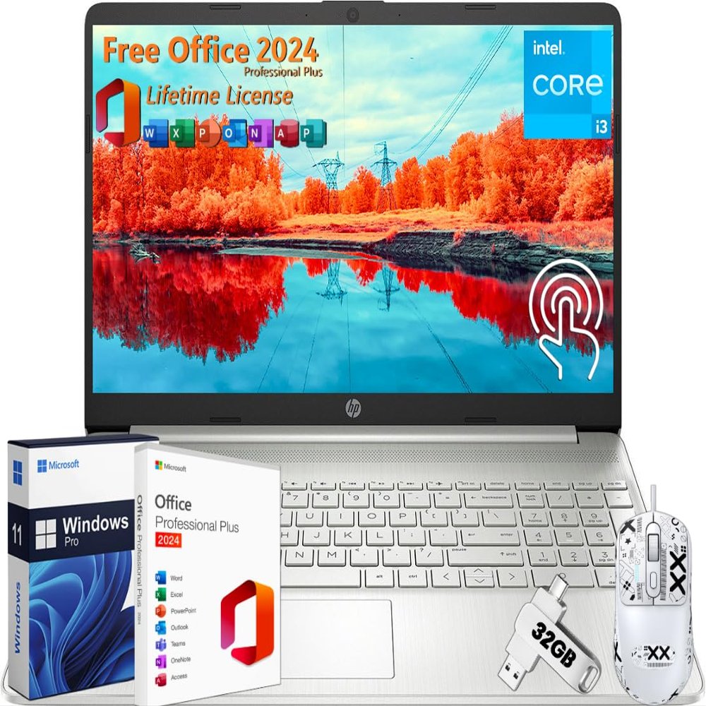 HP Notebook Laptop for Business Student, 15.6" Touchscreen, Office 2024 Lifetime License, Intel i3-1215U CPU, 16 GB RAM, 1 TB SSD, Webcam, HDMI, Wi-Fi, Windows 11 Pro, Designed Mouse
