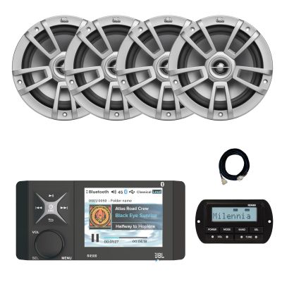 JBL Wake Series R4500 4" Color Display Marine USB Bluetooth AM/FM/WeatherBand Radio Receiver with Wired Remote, Extension Cable, 4x 8" 375 Watt Max 2-Way High-Performance Boat Audio Speakers (Gray)