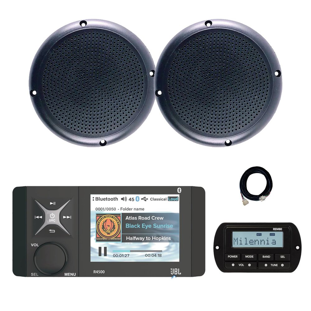 JBL Wake Series R4500 Marine USB Bluetooth AM/FM/WeatherBand Radio Receiver with Wired Remote, Extension Cable, 2x 5.25" 20 Watt Max Power Polycone Audio Speakers (Bulk Packaging)