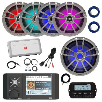 JBL R4500 Marine USB Bluetooth AM/FM/WB Radio Receiver, Wired Remote, Extension, 4X 6.5 225W Multicolor LED Boat Speakers (Titanium) 10" LED Subwoofer, Amplifier w/Kit, Antenna, USB Adapter, Wire