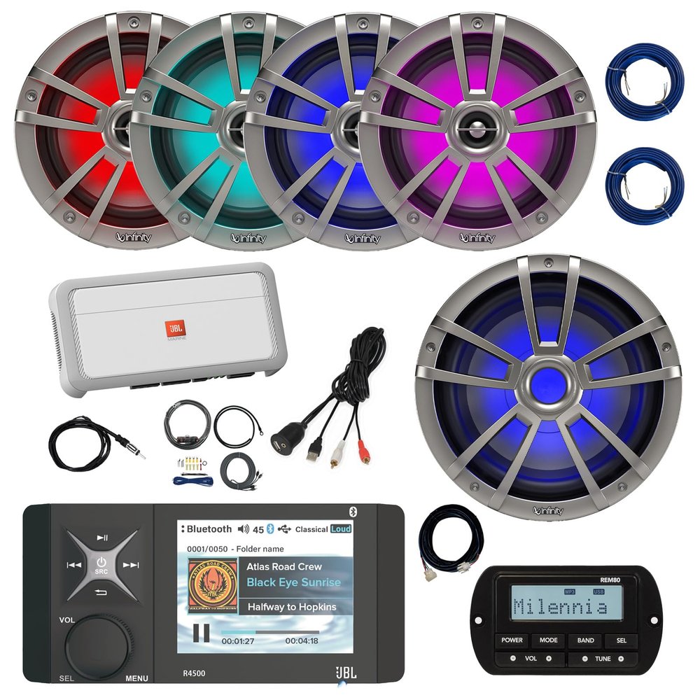 JBL R4500 Marine USB Bluetooth AM/FM/WB Radio Receiver, Wired Remote, Extension, 4X 6.5 225W Multicolor LED Boat Speakers (Titanium) 10" LED Subwoofer, Amplifier w/Kit, Antenna, USB Adapter, Wire