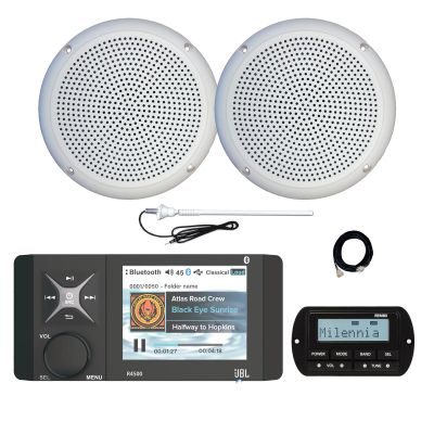 JBL Wake Series R4500 Marine USB Bluetooth AM/FM/WeatherBand Radio Receiver with Wired Remote, Extension Cable, 2x 5.25" 20 Watt Max Polycone Audio Speakers, Long Range Antenna (White, Bulk Packaging)