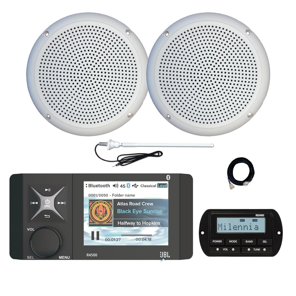 JBL Wake Series R4500 Marine USB Bluetooth AM/FM/WeatherBand Radio Receiver with Wired Remote, Extension Cable, 2x 5.25" 20 Watt Max Polycone Audio Speakers, Long Range Antenna (White, Bulk Packaging)