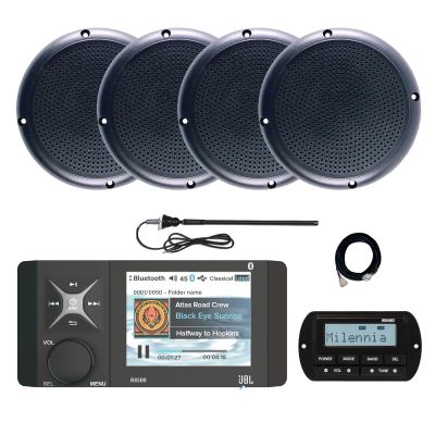 JBL Wake Series R4500 Marine USB Bluetooth AM/FM/WeatherBand Radio Receiver with Wired Remote, Extension Cable, 4x 5.25" 20 Watt Max Polycone Audio Speakers, Long Range Antenna (Black, Bulk Packaging)