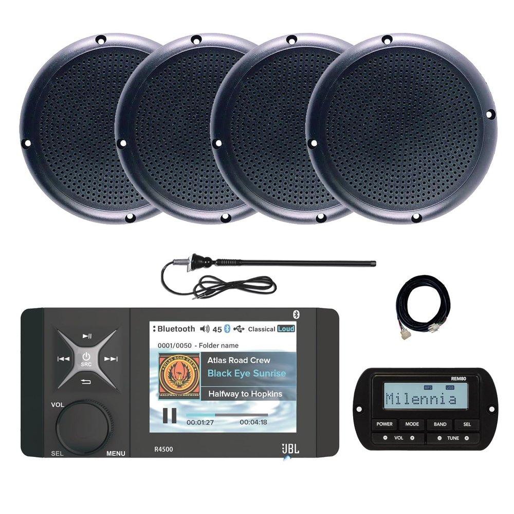 JBL Wake Series R4500 Marine USB Bluetooth AM/FM/WeatherBand Radio Receiver with Wired Remote, Extension Cable, 4x 5.25" 20 Watt Max Polycone Audio Speakers, Long Range Antenna (Black, Bulk Packaging)