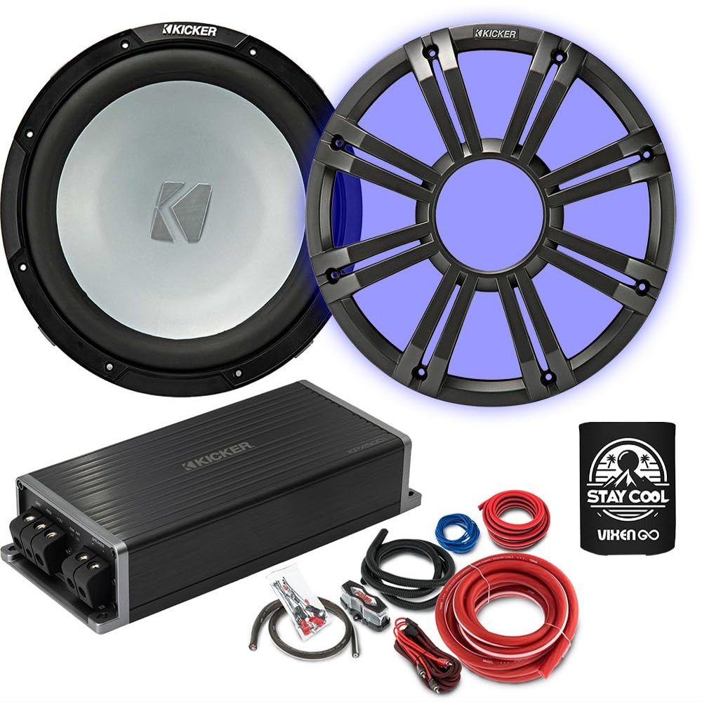 KICKER Subwoofer and Amp Package of 4 Items - 10" KM 350 Watt Sub, Class D Monoblock Amplifier, LED Charcoal Grille and 8AWG Complete Wiring Kit
