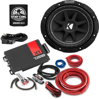 KICKER Subwoofer and Amp Package of 3 Items - 8" Comp 200 Watt Sub, DS18 Class D Monoblock Amplifier, and Complete 8AWG Wiring Kit 43C84+X1+AMPKIT8