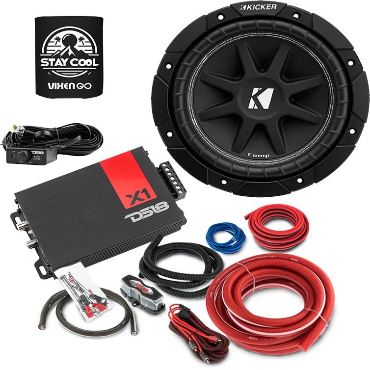 KICKER Subwoofer and Amp Package of 3 Items - 8" Comp 200 Watt Sub, DS18 Class D Monoblock Amplifier, and Complete 8AWG Wiring Kit 43C84+X1+AMPKIT8