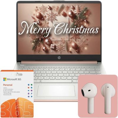 HP Flagship 14" Laptop with Free AI-Powered Microsoft 365 | Bluetooth Earphones | 16GB RAM | 512GB External Drive & 64GB onboard Storage | AMD Processor | 14" HD Display | Windows 11 | Pale Gold