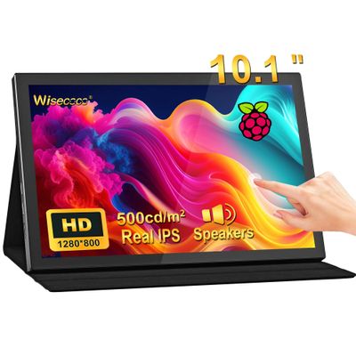10.1" Touch Screen Portable Monitor for Raspberry Pi, IPS 1280x800 HD Display 60Hz, USB-C/HDMI, Secondary Screen with Case, Speakers, Plug & Play, Compatible with Raspberry Pi 5/4B/3B+, Windows