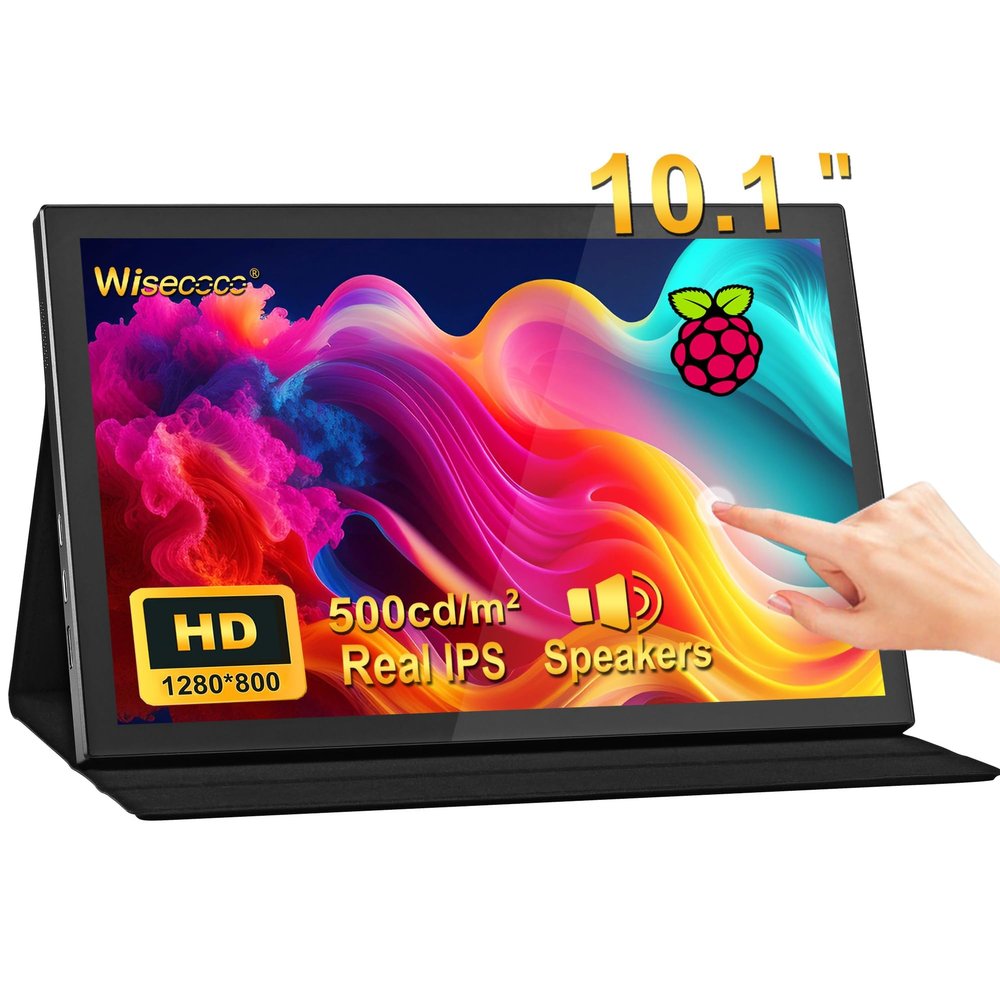 10.1" Touch Screen Portable Monitor for Raspberry Pi, IPS 1280x800 HD Display 60Hz, USB-C/HDMI, Secondary Screen with Case, Speakers, Plug & Play, Compatible with Raspberry Pi 5/4B/3B+, Windows