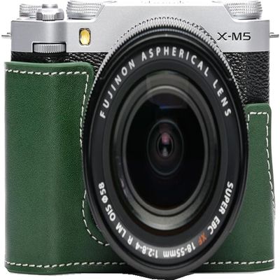 BMAOLLONGB X-M5 Camera Case, Handmade Genuine Real Leather Half Camera Case Bag Cover for Fujifilm X-M5 XM5 Camera Bottom Opening Version + Hand Strap (Green)