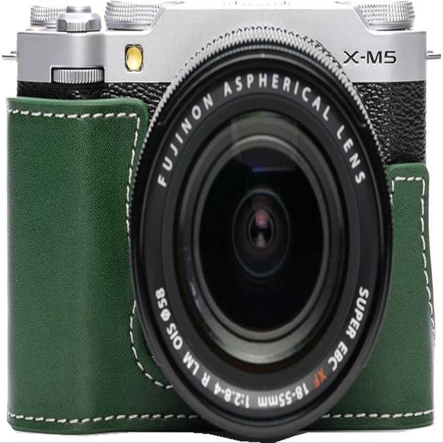 BMAOLLONGB X-M5 Camera Case, Handmade Genuine Real Leather Half Camera Case Bag Cover for Fujifilm X-M5 XM5 Camera Bottom Opening Version + Hand Strap (Green)