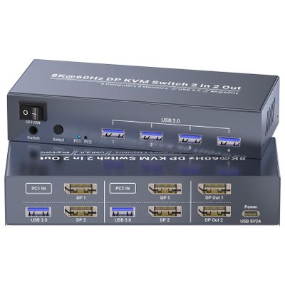 Dual Monitor Displayport KVM Switch 2 Monitors 2 Computers, 8K60Hz 4K120Hz USB 3.0 2 Port DP KVM Switch for Controlling 2 Computers with 1 Set of Keyboard, Mouse and 2 Monitors