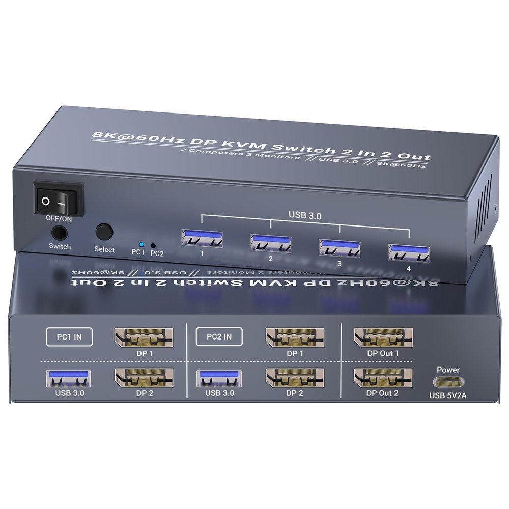 Dual Monitor Displayport KVM Switch 2 Monitors 2 Computers, 8K60Hz 4K120Hz USB 3.0 2 Port DP KVM Switch for Controlling 2 Computers with 1 Set of Keyboard, Mouse and 2 Monitors