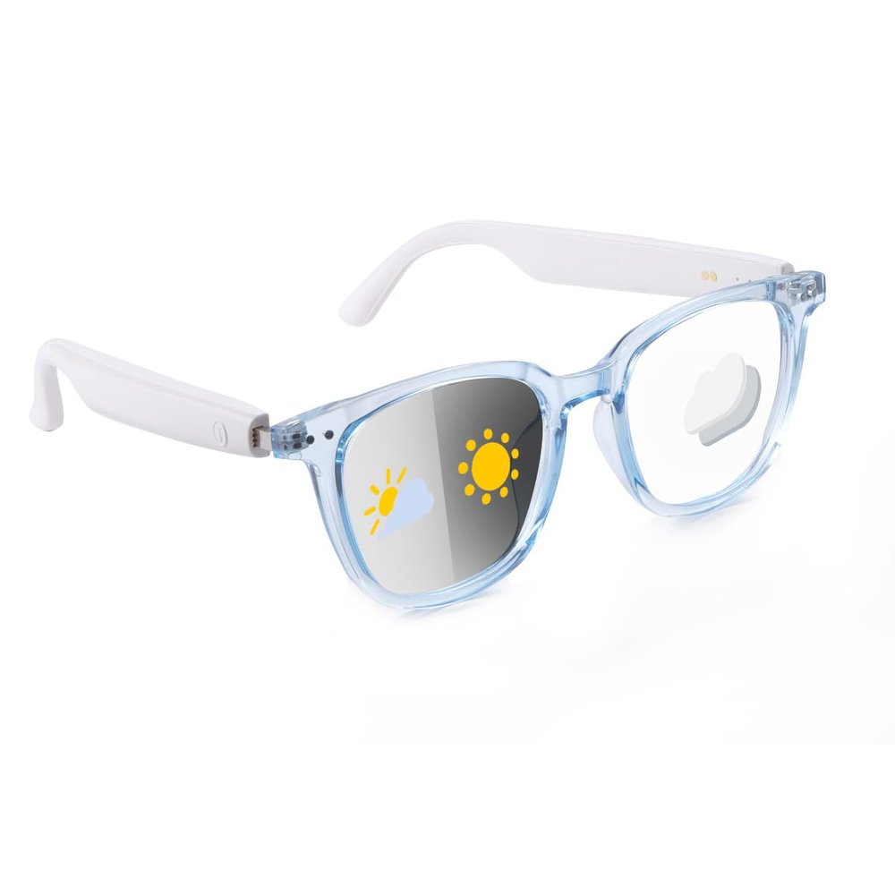 GS07 Smart Photochromic Sunglasses,Bluetooth Smart Glasses, Blue Light Glasses for Men Women,Bluetooth 5.4, Open Ear Sound Mic & Speakers, Color-Changing Polarized Lenses (Blue Frame With White Legs)
