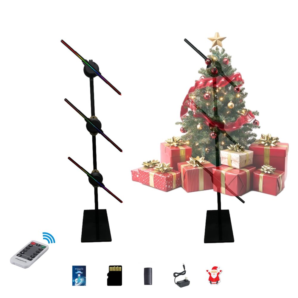 3D Hologram Fan Projector 16.5" Spliced Set,3 Units 42cm with Stand 3D Hologram Christmas Tree, Led Holographic Display with Bluetooth, Remote Control, for Shop, Party, Halloween Event Advertising