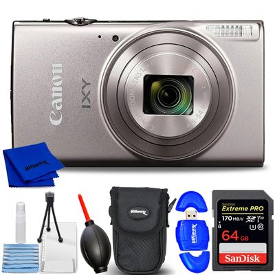 Canon Compact Digital Camera IXY650 (Silver) IXY650SL - 7PC Accessory Bundle Includes: 64GB SD, Card Reader, Pouch, Blower, Microfiber Cloth and Cleaning Kit (International Verison) (Renewed)