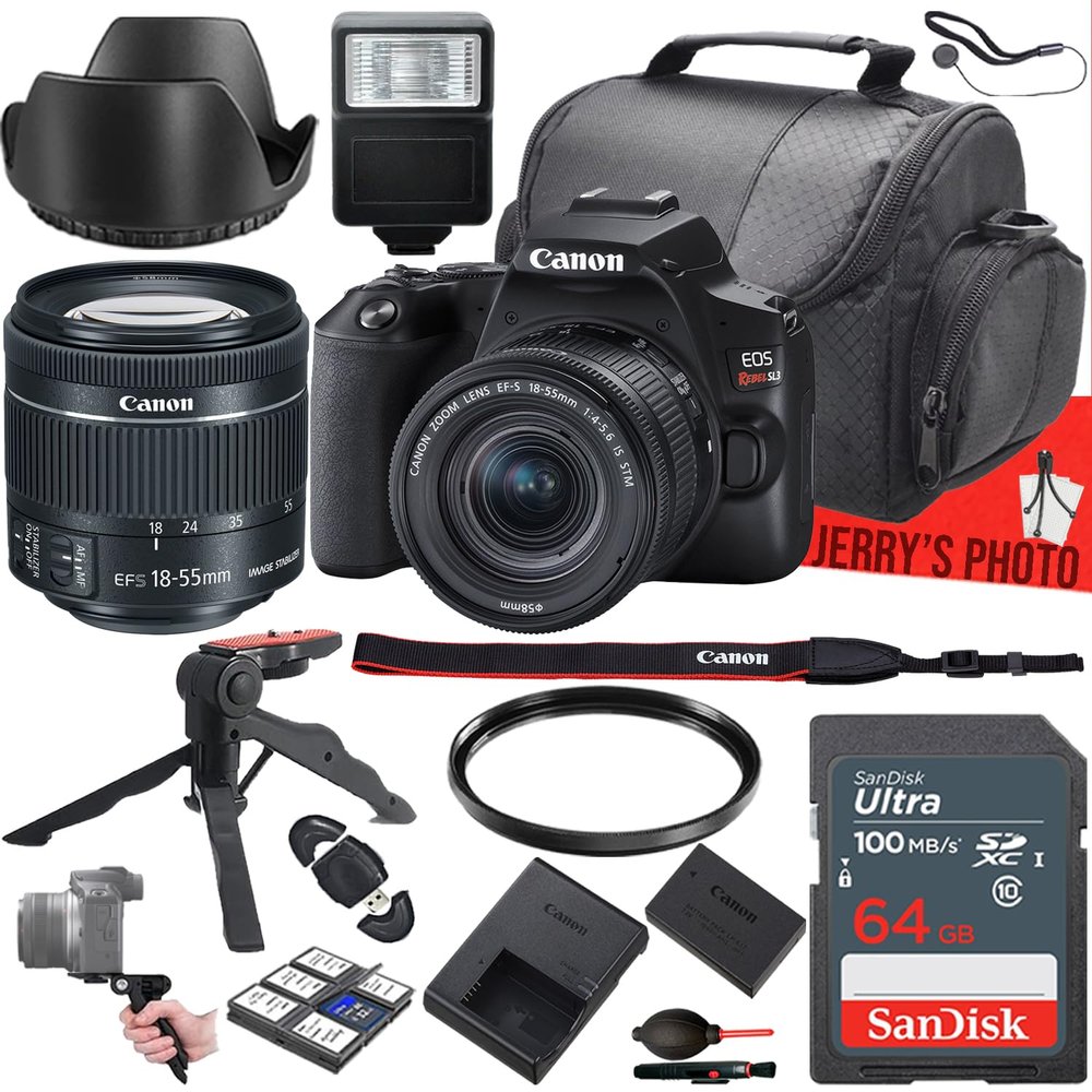 Canon EOS Rebel SL3 DSLR Camera with Canon EF-S 18-55mm f/4-5.6 is STM Lens + 64 GB Memory + Slave Flash + Camera Case + UV Filter + More (17pc Bundle) (Renewed)