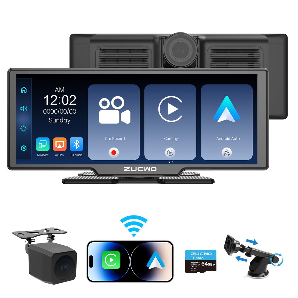 10.26 Inch Wireless CarPlay Screen for Car, Apple CarPlay & Android Auto Touch Screen with Rear Camera, BT Music, Navigation, Voice Control for Vehicles