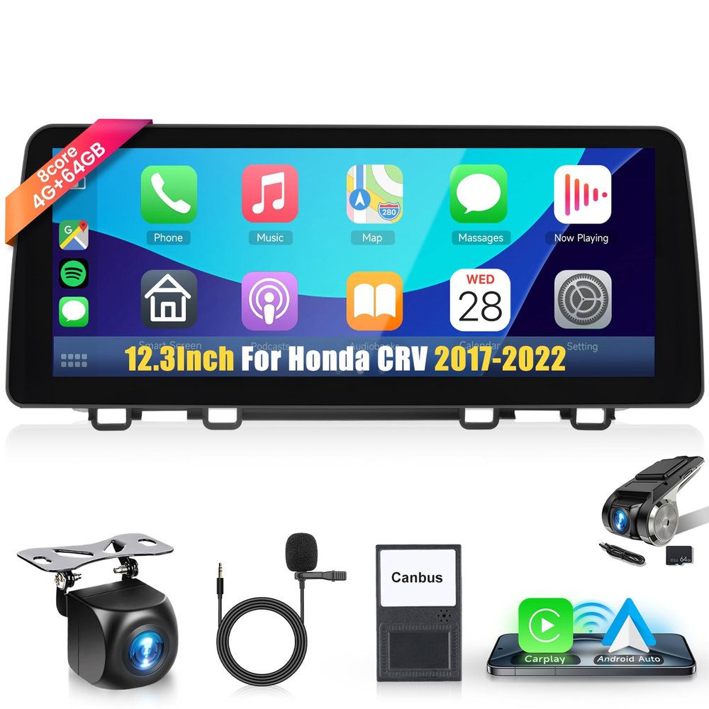 12.3" Car Stereo for Honda CRV 2017-20228Core 4+64G Wireless Carplay Android Auto,1920 * 720P IPS Touch Screen Radio,Android13/GPS/WiFi/32EQ DSP/59UI/Bluetooth5.0/DAB/FM/SWC/Backup Camera