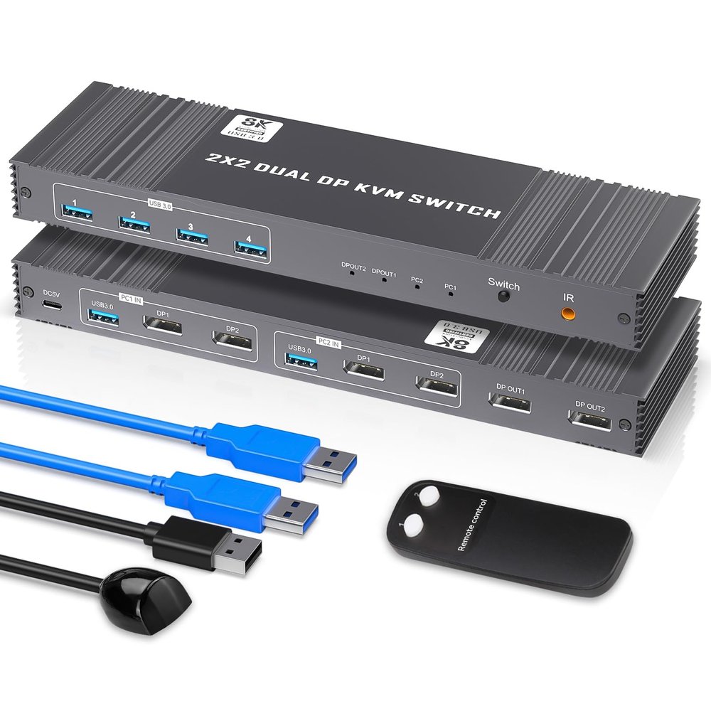 8K KVM Switch 2 Monitors 2 Computers Displayport, DP+DP 4K@120Hz USB3.0 Dual Monitor KVM Switches for 2 PC Sharing 2 Monitor of 1 Set Keyboard Mouse and USB Device, with IR Controller