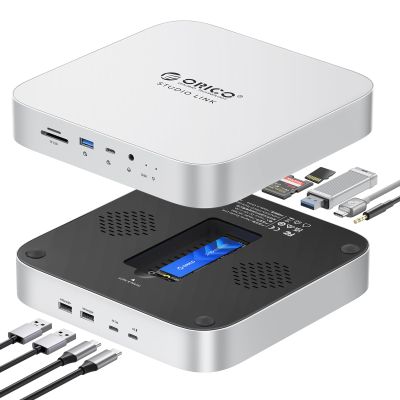 ORICO StudioLink Mac mini Hub with SSD Enclosure & 7-in-1 Ports | NVMe/SATA M.2 SSD Dock for Mac mini M1/M2/Mac Studio | 10Gbps USB-C, SD/TF Card Reader, 3.5mm Audio, Aluminum Alloy