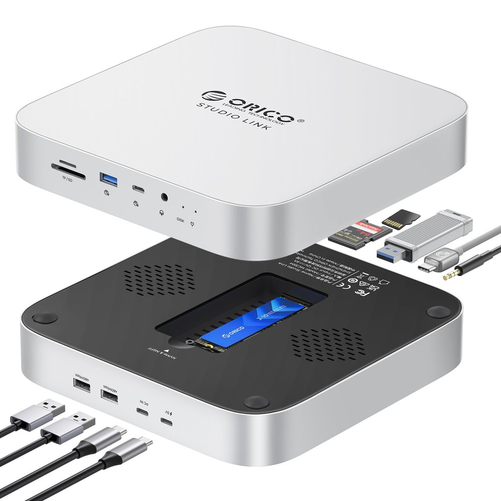 ORICO StudioLink Mac mini Hub with SSD Enclosure & 7-in-1 Ports | NVMe/SATA M.2 SSD Dock for Mac mini M1/M2/Mac Studio | 10Gbps USB-C, SD/TF Card Reader, 3.5mm Audio, Aluminum Alloy