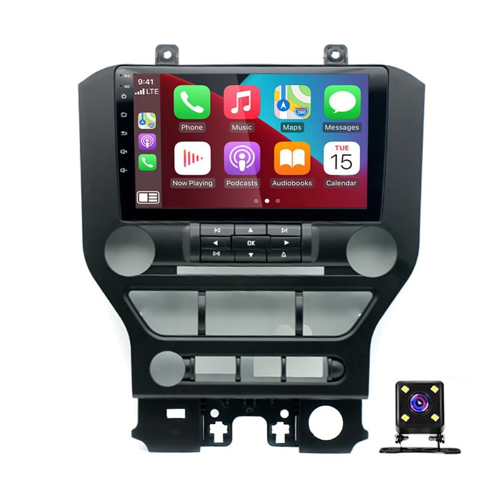 2+32G 9 Inch Car Stereo for Ford Mustang 2015-2021, Incorporating with Android 13 CarPlay and Android Auto, Support GPS Navi/Bluetooth/WiFi/FM/SWC, Camera with 4 Lights (Button Model)