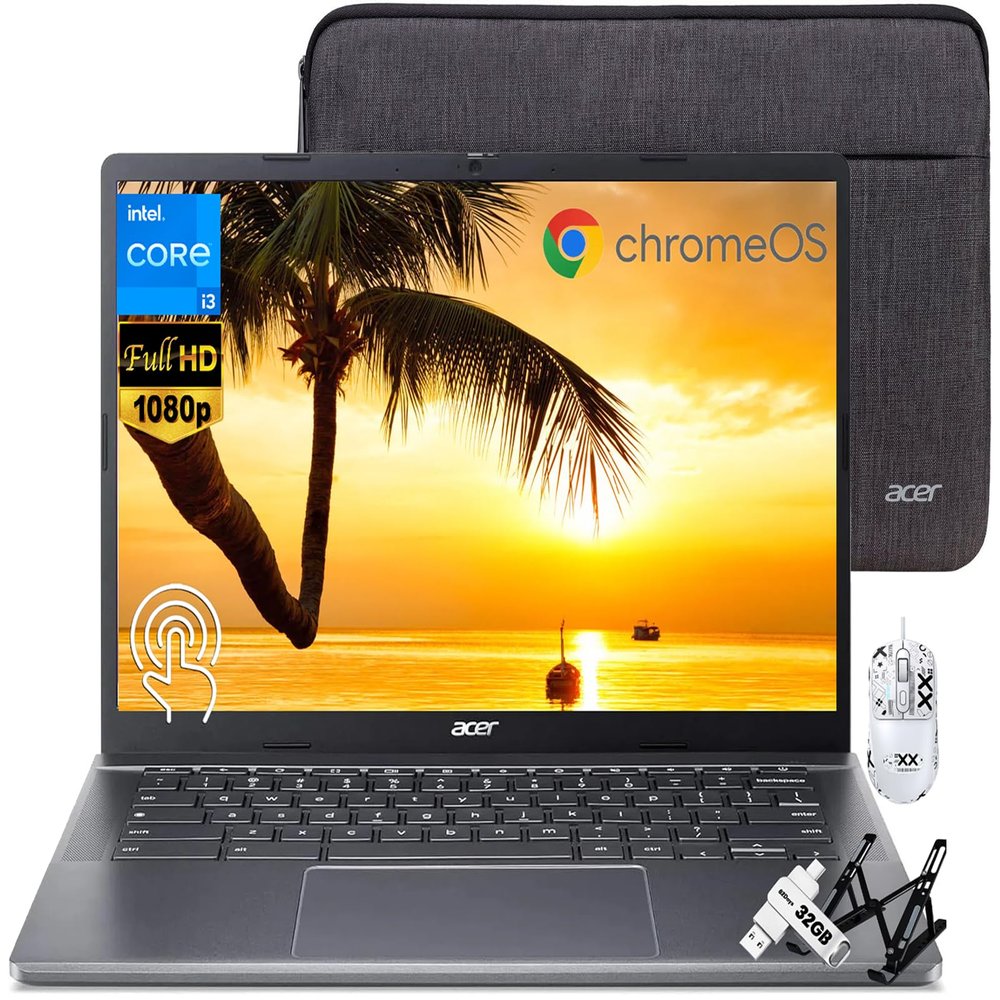 acer Chromebook Plus 514 Touchscreen Laptop, Intel 8-Core i3-N305, 8GB LPDDR5, 512GB SSD, 32GB USB C Flash Drive, 14" FHD IPS Touch Screen, Wi-Fi 6E, FHD 1080P Webcam, Chrome OS, Patented Mouse, Stand