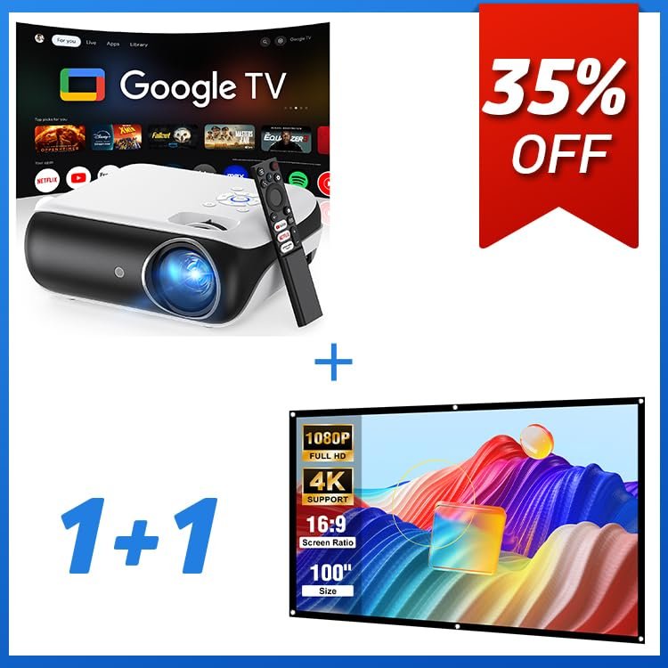 HAPPRUN Google TV Projector + HAPPRUN Projector Screen for Portable Indoor Outdoor Use