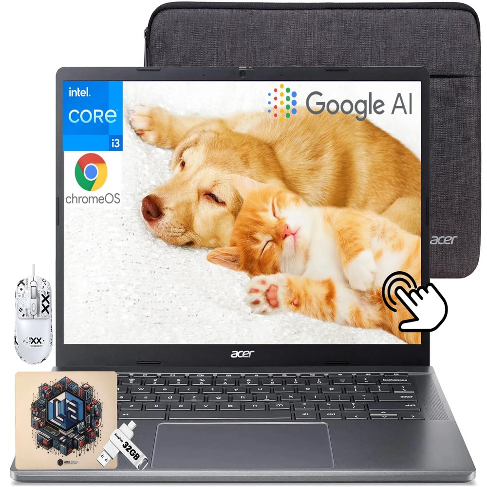 acer Chromebook Plus 514 Laptop with Google AI, Intel 8-Core i3-N305, 8 GB LPDDR5, 2 TB SSD, 32GB USB C Flash Drive, 14" FHD IPS Touch Screen, Wi-Fi 6E, 1080P Webcam, Chrome OS, Patented Mouse