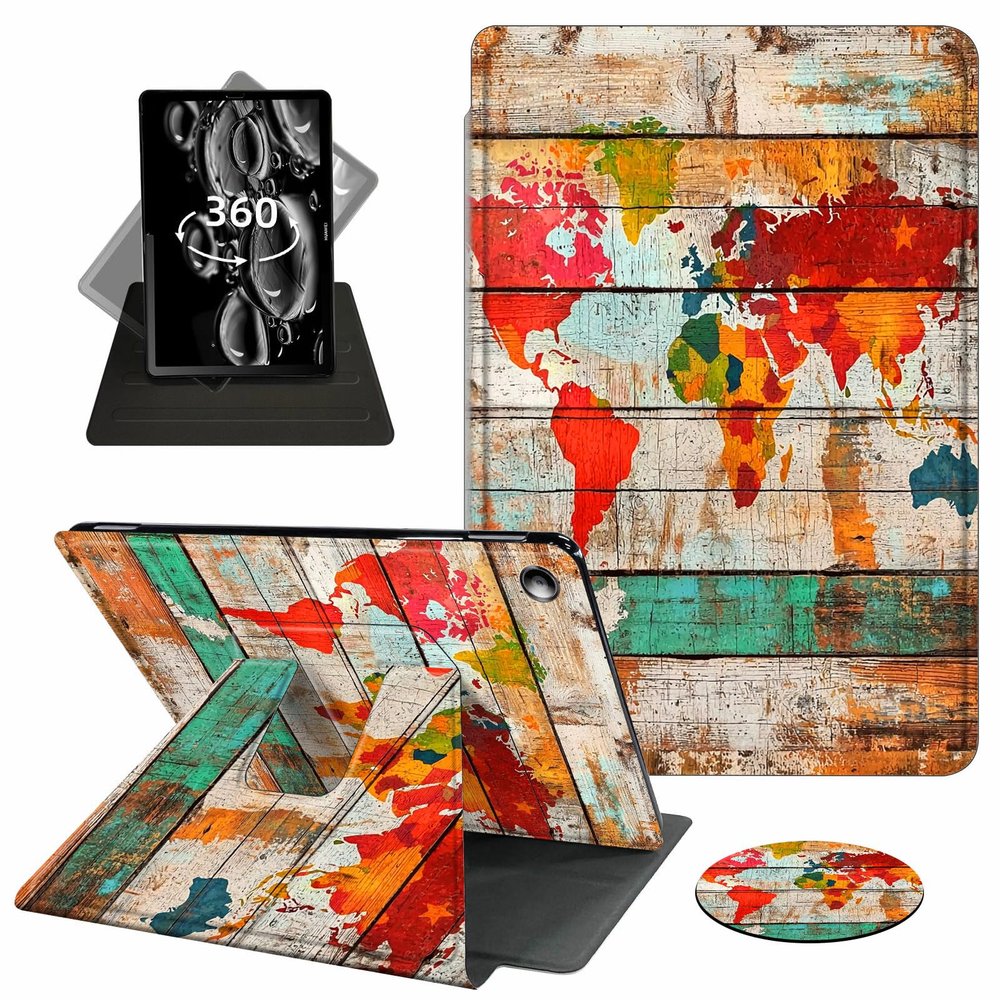 ACWDMKH Case for Amazon Kindle Fire HD 8 Tablet & HD 8 Plus Tablet(12th Generation/10th Generation,2024/2022/2020 Release),360 Degree Rotating Swivel Stand with Auto Wake/Sleep,Wood World Map
