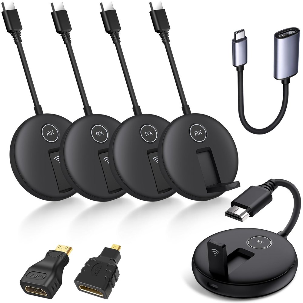 YUYUNLOMN Wireless HDMI Four Receivers and Transmitter,165FT/50M,Splitter Plug and Play,Wirelessly Simultaneous Expansion to Multi-TVs,1080P Full HD for Streaming from Laptop,Camera,PC to TV/Projector
