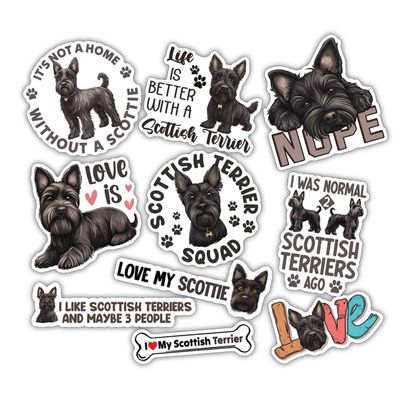 10pcs Brindle Scottish Terrier Sticker Sheet, Funny Vinyl for Animal Lovers, Pet Owners, Dog Moms and Dads, Waterproof, UV-Resistant, for Laptop, Water Bottle, Crate, Journal, Phone Case, Notebook