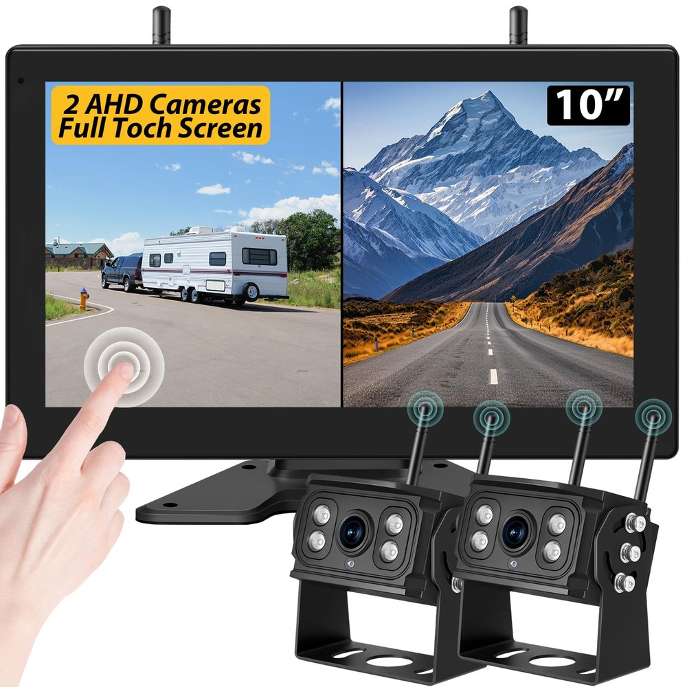 10'' Wireless Backup Camera System, 2 HD 1080P IP69 Waterproof Cameras with Large IPS Full Touch Screen 4 Channels Monitor, IR Night Vision Reverse Camera for RV Truck Trailer Camper