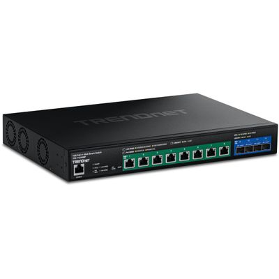 TRENDnet 12-Port 10G PoE++ Web Smart Switch, TPE-7124SBF, 720W PoE Power Budget, 8 x 10G PoE++ Ports, 4 x 10G SFP+ Ports, NDAA TAA Compliant, 1U 19" Rack Mountable, Lifetime Protection