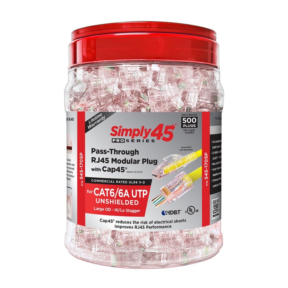 Simply45 ProSeries Unshielded Pass-Through RJ45 Modular Plugs, Red, 500pcs