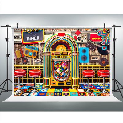 80s Diner Party Backdrop 9x6ft Back to The 80s Party Hip Pop Disk Cassette Photography Background 80s Party Banner Supplies Photo Booth Props BJDWLU0037
