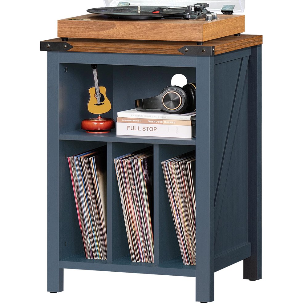 Joaxswe Record Player Stand with Vinyl Record Storage Holds up to 160 Albums,Large Wood Record Player TableBlue Turntable Stand Cabinet Dispaly Shelf for Living Room,Bedroom,Office