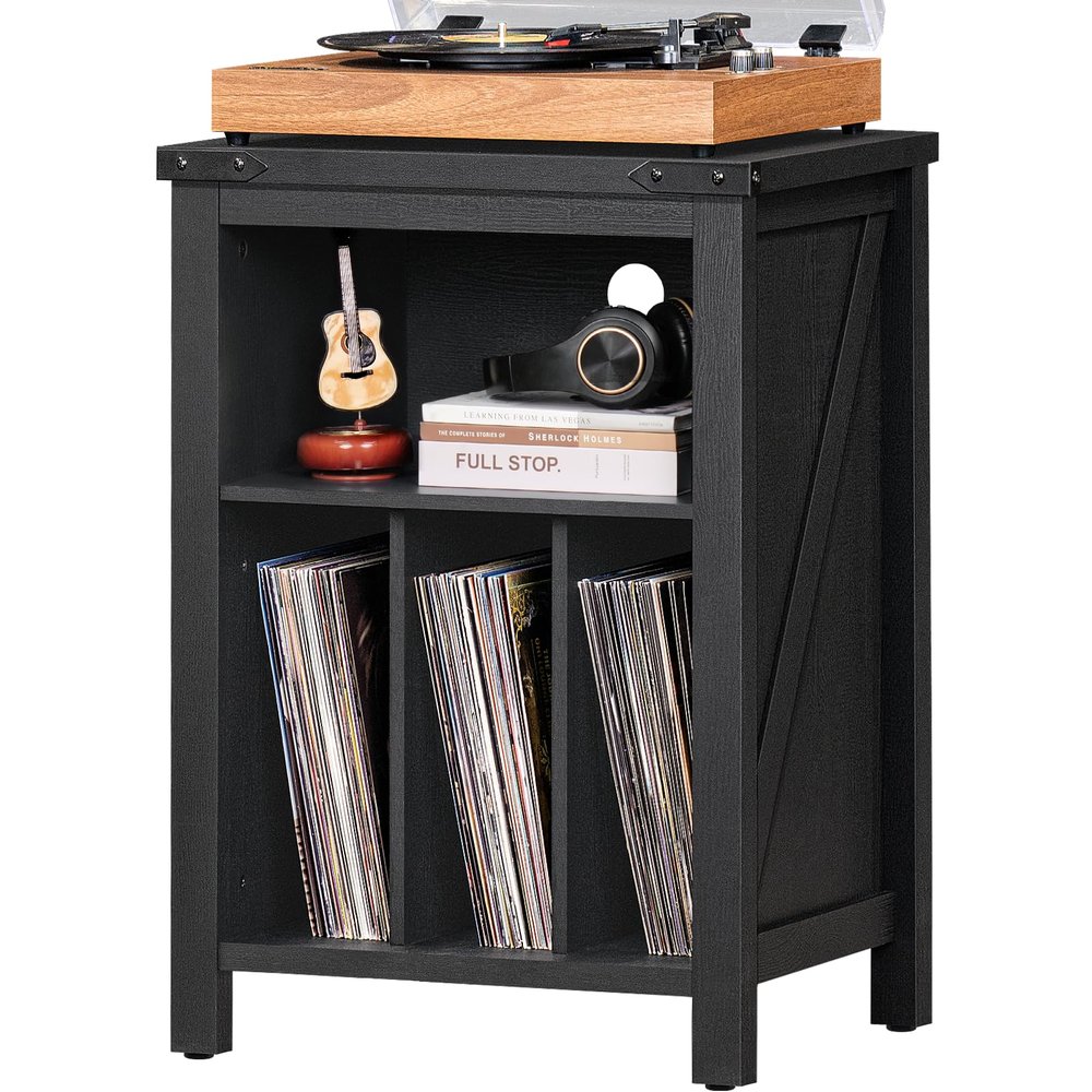 Joaxswe Record Player Stand with Vinyl Record Storage - Holds up to 160 Albums, Large Wooden Turntable Table, Black Cabinet Display Shelf for Living Room, Bedroom, Office