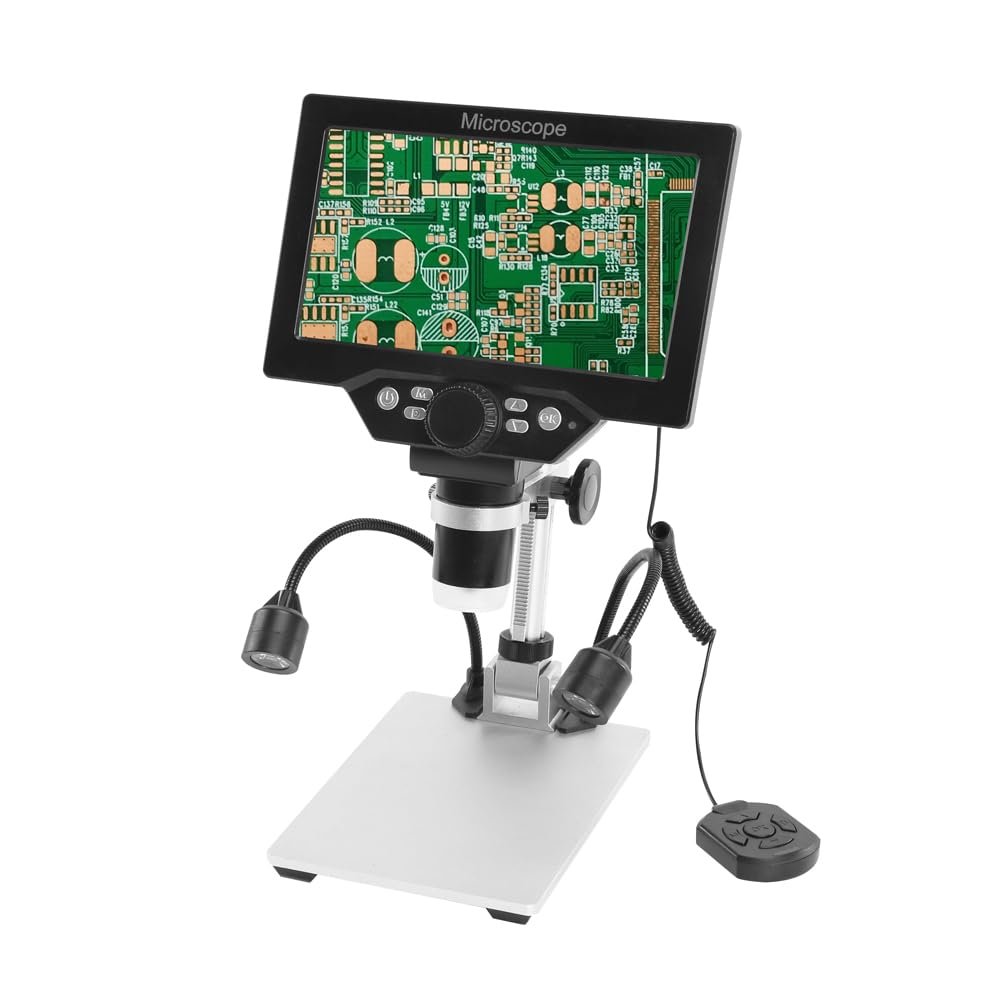 ACAGALA B1200 Digital Microscope 7 Inch Large Color Screen Large Base LCD Display 12MP 1-1200X Continuous Amplification Magnifier with Metal Stand and Two Auxiliary Lights