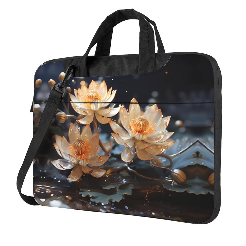 Bohemian White Lotus Laptop Bag, Multifunctional Shoulder Messenger Bag, 14.96 Inch Long Computer Case, Briefcase Handbag Shoulder Bag