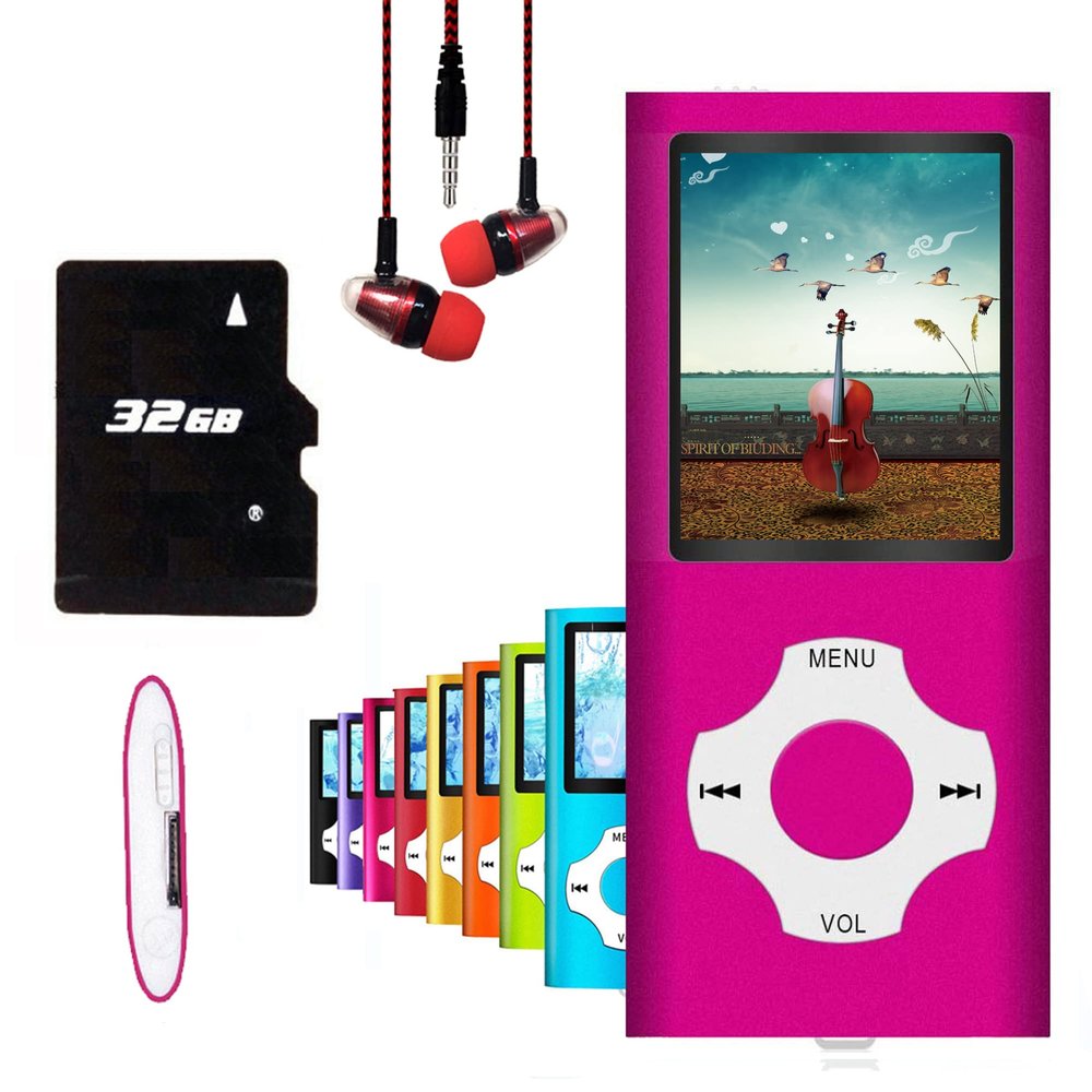 MP3 Player, Hotechs MP3 Music Player with 32GB Memory SD Card Slim Classic Digital LCD 1.82'' Screen Mini USB Port with FM Radio, Voice Record (Pink)