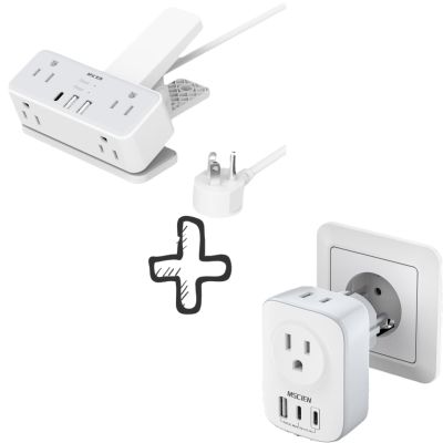 Desk Clamp Power Strip and Type E/F Travel Plug Adapter, Desk Power Strip White and 5-in-1 Travel Adapter for Germany, Extension Cord 6 Ft and Plug Adapter with 3 USB Ports