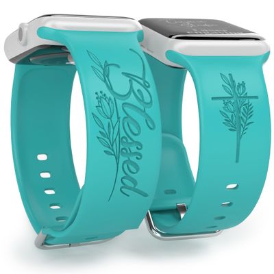 Blessed with Cross and Flowers Watch Band compatible with Apple Watch Laser Engraved iWatch Band Silicone 38mm 40mm 41mm 42mm 44mm 45mm 46mm 49mm Strap Jesus Psalm Christian God Faith (Lake Blue, 42(Series 3)/44/45/46/49mm S/M)